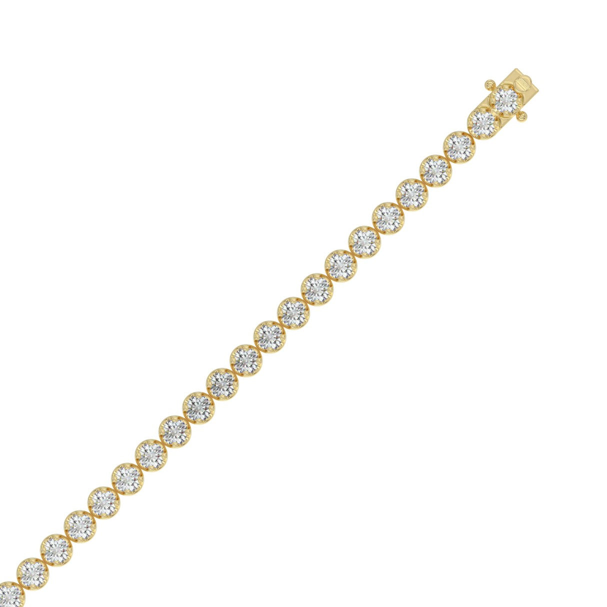 Lab diamond tennis bracelet microfusion basket 14k yellow gold 3 ctw top view