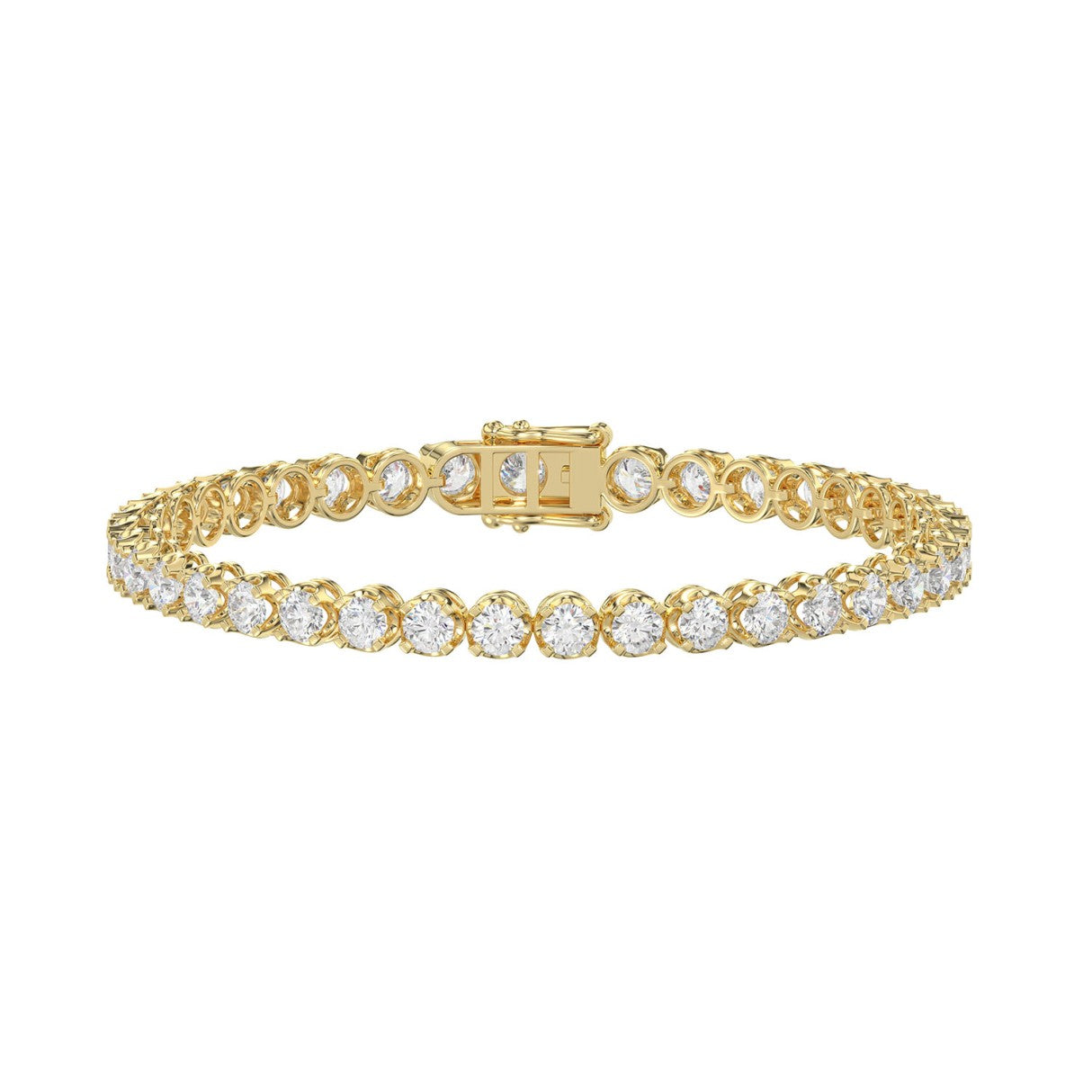 Lab diamond tennis bracelet microfusion basket 14k yellow gold 7 ctw front view