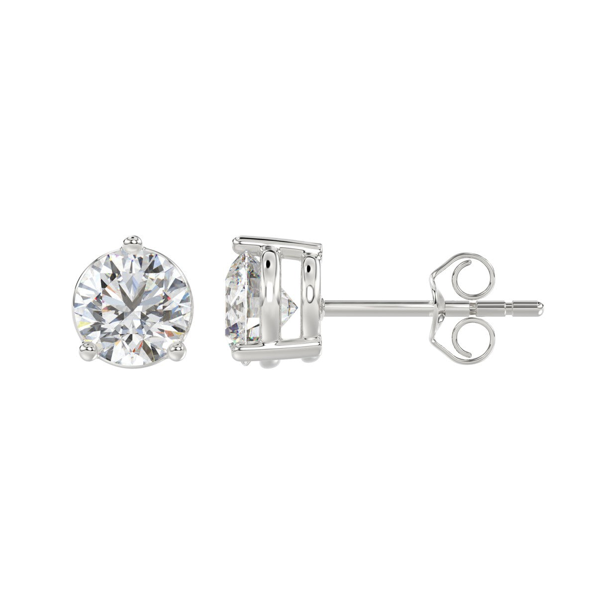 Lab diamond stud earrings 3 ctw 14k white gold side view push back closure