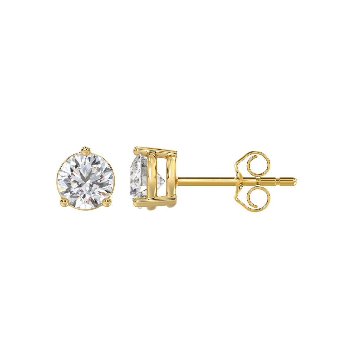 Lab diamond stud earrings 1.5 ctw 14k yellow gold side view push back closure