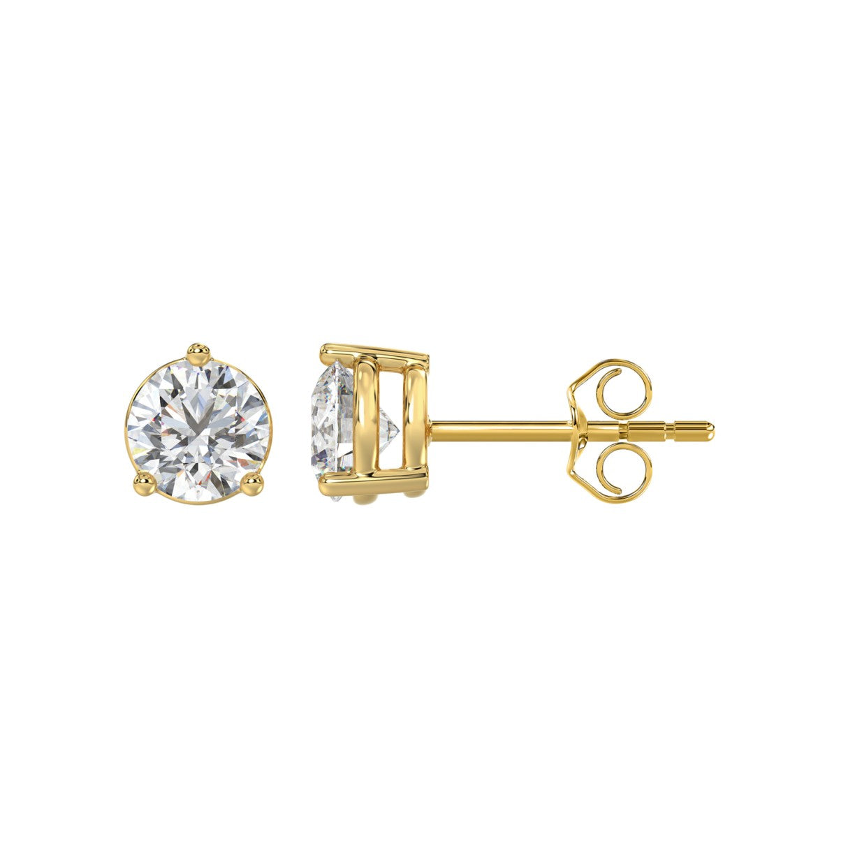 Lab diamond stud earrings 2 ctw 14k yellow gold side view push back closure