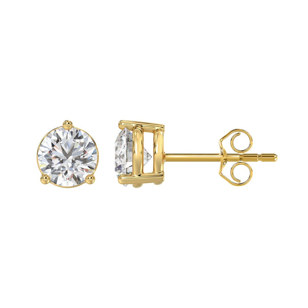 Lab diamond stud earrings 3 ctw 14k yellow gold side view push back closure
